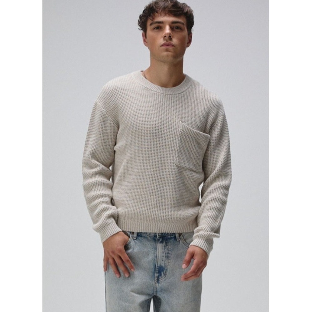 RSQ Mens Heathered Crewneck Knit Sweater Pocket Top Beige Casual Comfy Y2K Small